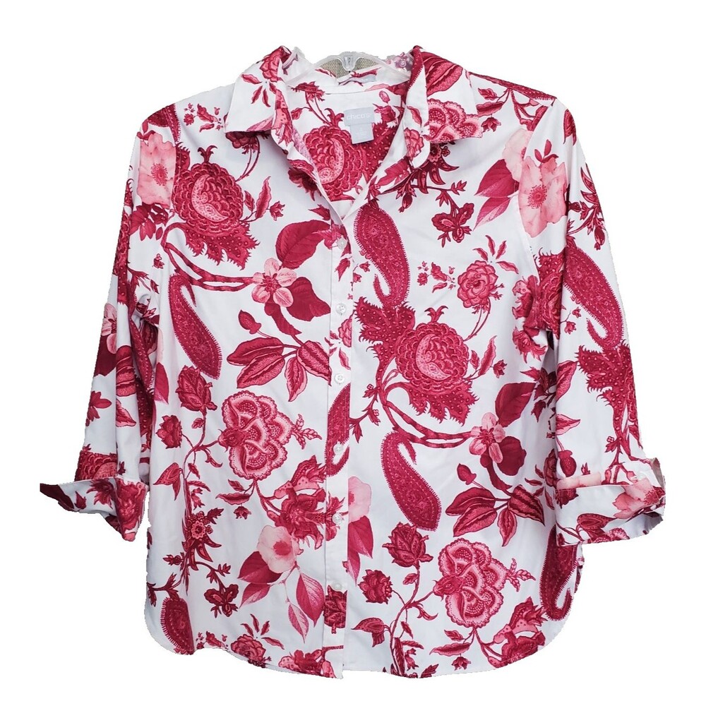 Chico's No-Iron Chic Stretch Red & Pink Floral Print 3/4 Sleeve Button-Up 2 LGE